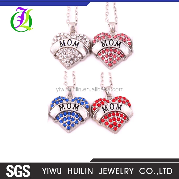 

Yiwu Huilin Jewelry Zinc Alloy wholesale Mother's day gift crystal heart MOM necklace, Blue/pink/red/white
