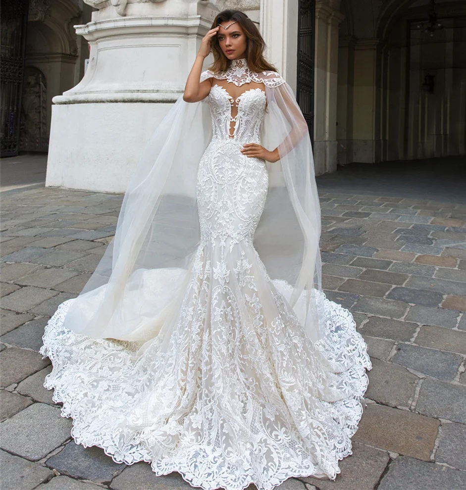 

robe de mariage Luxury Mermaid Wedding Dresses Sexy Fit and Flare Lace Wedding Gown with Train Off Shoulder Arabic Bridal Dress, As image or custom made