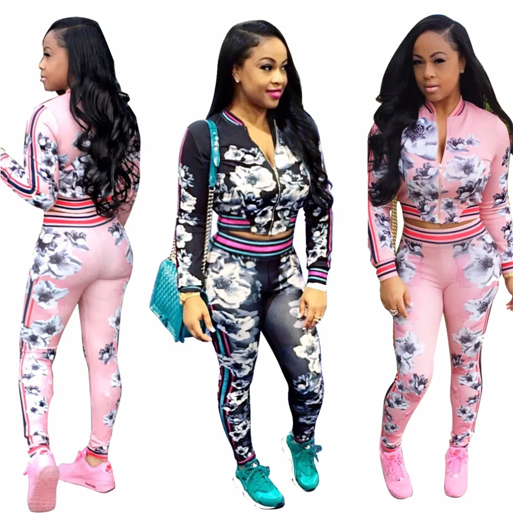 

Black Floral Crop Top Digital Printing Sexy Women Gym Sets, Black;pink