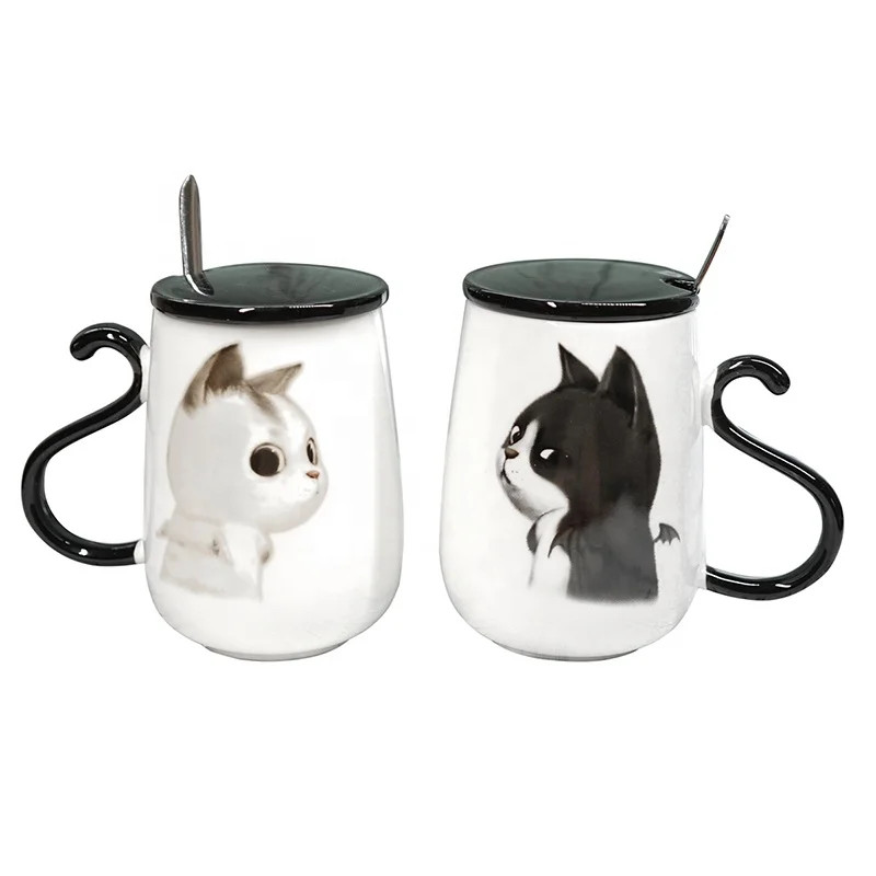 

Zogifts cartoon animal style white cat shape ceramic milk coffee gift mug with lid and spoon