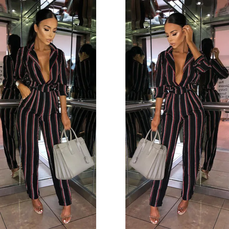 

Women Stripe Printed Bodycon Long Casual Jumpsuit Rompers
