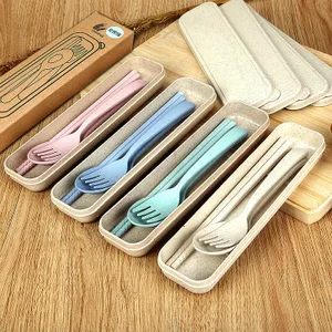 Image of Customized Eco-Friendly Children Plastic Wheat Straw 3 in 1 Spoon Fork & Chopstick Set with Organizer Box