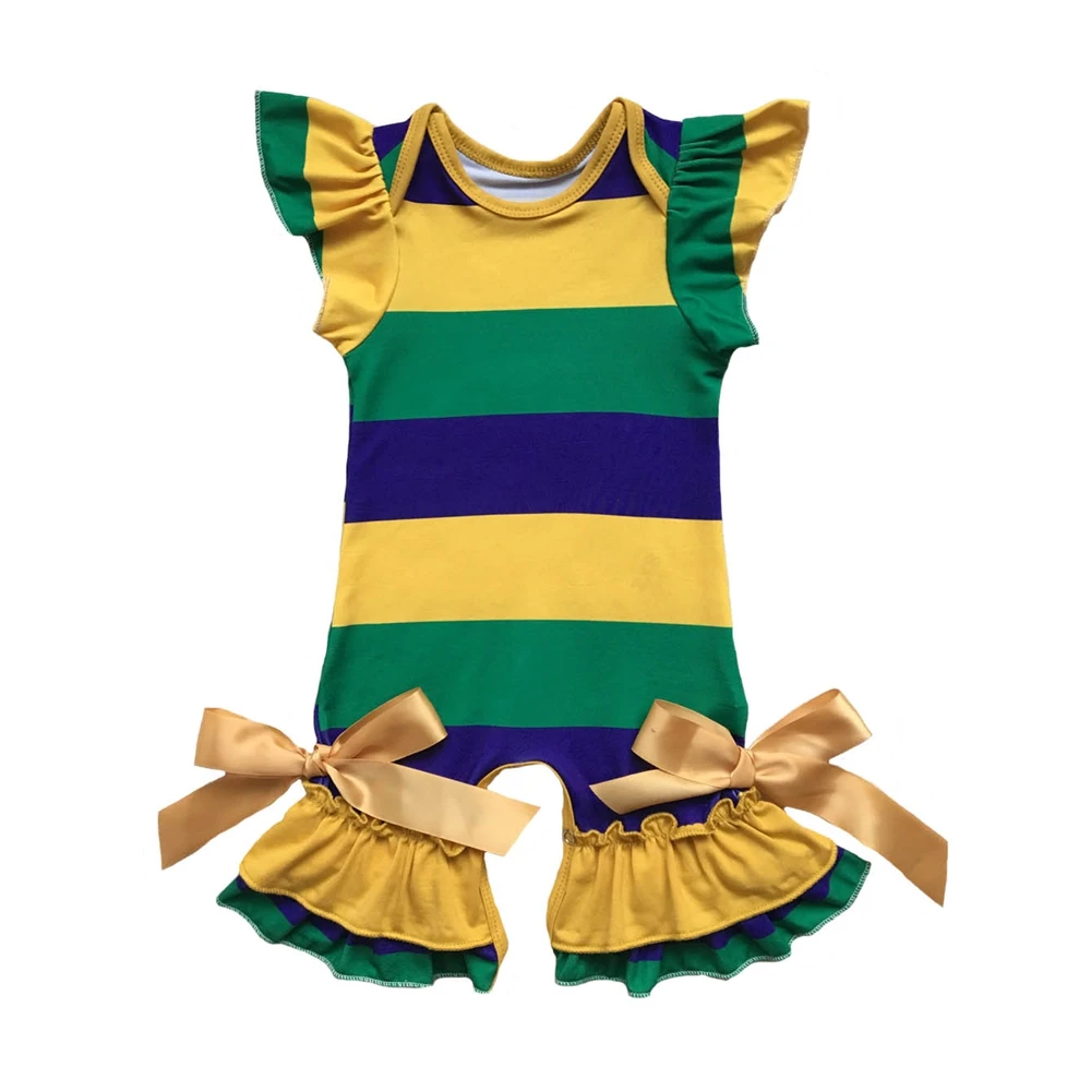 

NO MOQ carnival jumpsuit Holiday mardi gras Romper Baby Girls sleeveless Clothes bow stripe milk silk Kids Romper, Picture