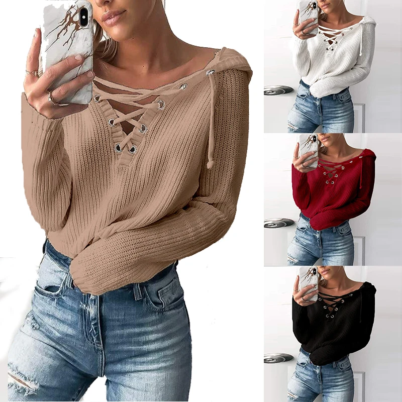 

wholesale Korean fashion lace-up V neck vintage knitting women pullover hoodie front bandage sexy sweater