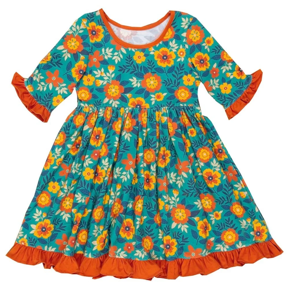

high quality fall winter kids clothes cotton knit floral print baby girls clothing dress, As show;or accept customers request