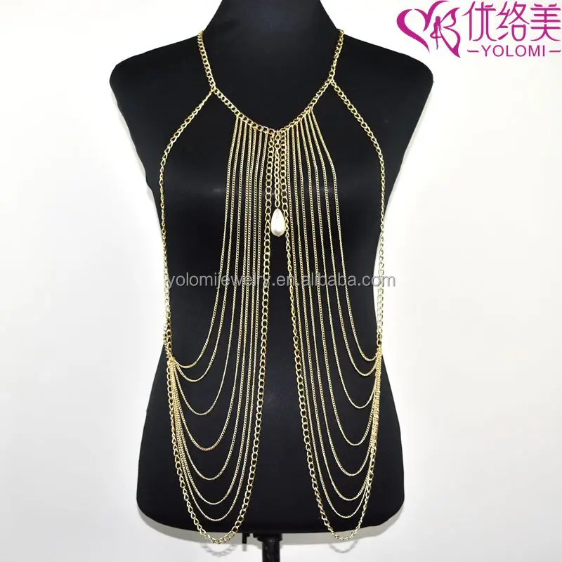 

Body Jewelry Making Supplies Slave Body Chain with Pearl Pendant Full Body Chain Dress Necklace YMBD1-2N, Gold & silver