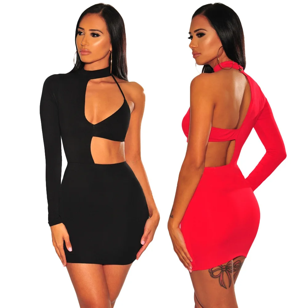 

Free Shipping solid color hollow waist one shoulder sexy long sleeve one piece mini pencil dress