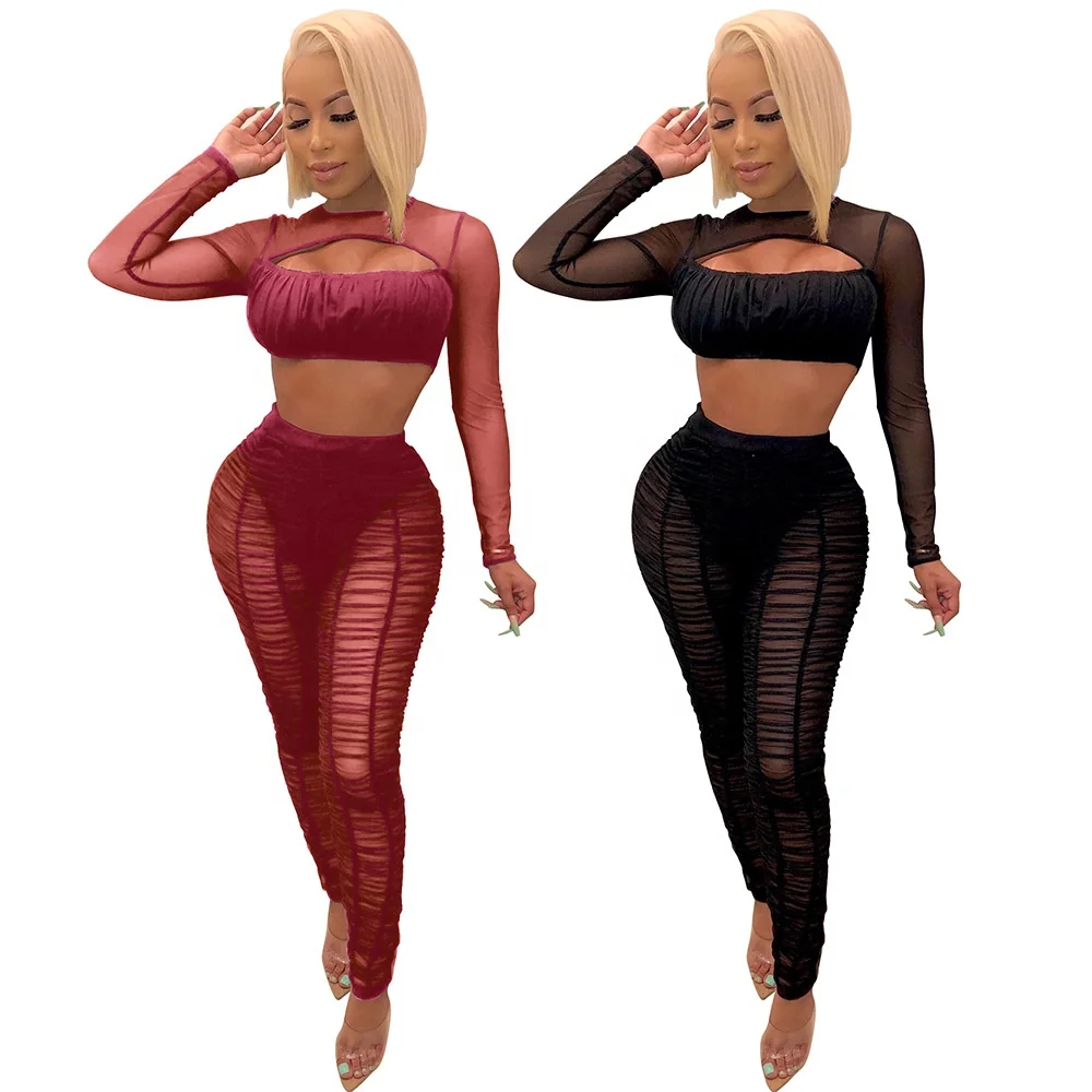 

B34041A 2019 Autumn hot fashion 2 piece cut out sheer mesh pants set, Shown