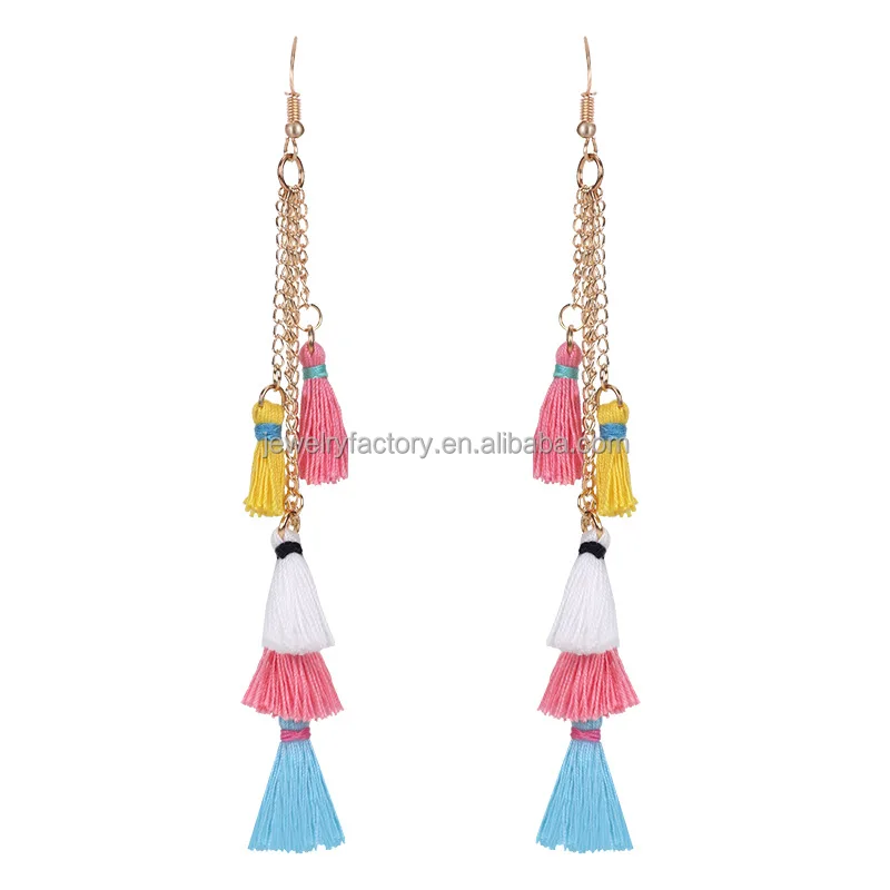 

Multi color cute boho New fashion stud Earrings Jewelry cotton tassel long 14k gold chain earrings