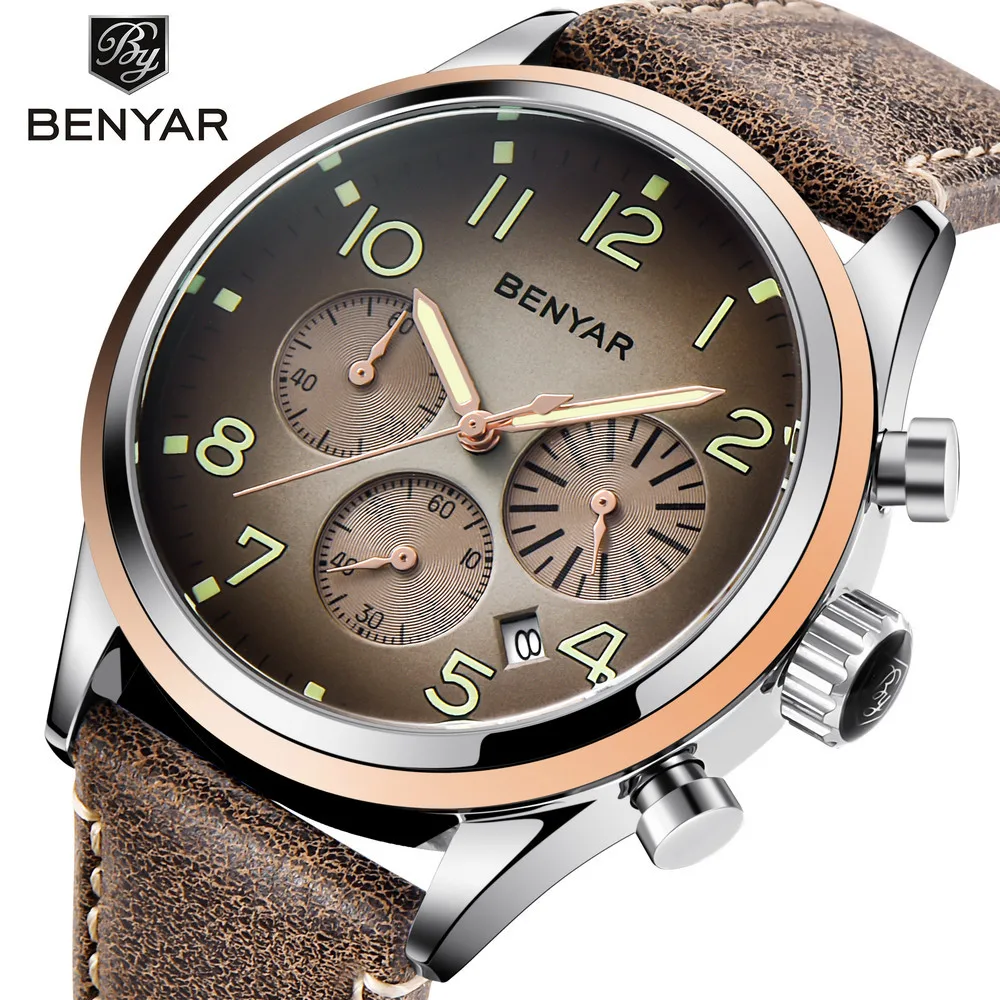 

BENYAR Top Brand Luxury Men Business Leather Watch Army Military Chronograph Watch Male Quartz Wrist Watches Erkek Kol Saati, 3 colors