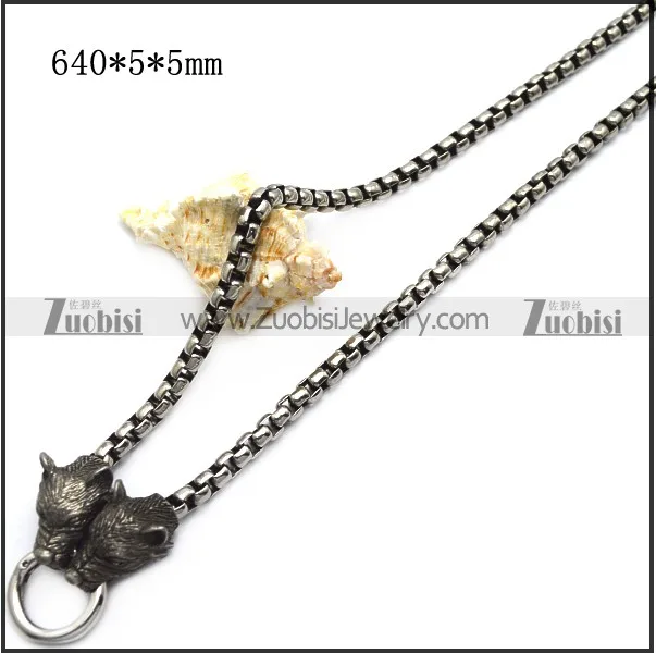 

New Fashion Biker Jewelry Silver Engraved Block Chain Double Wolves Biting Iron Ring Necklace, Silver as pictures, other platings are available