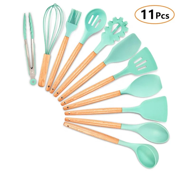 

Amazon Hot Sale 11pcs Silicone Kitchen Utensil Set with Wood Handles -Silicone Cooking Utensils for Non-stick Cookware, Turner, N/a