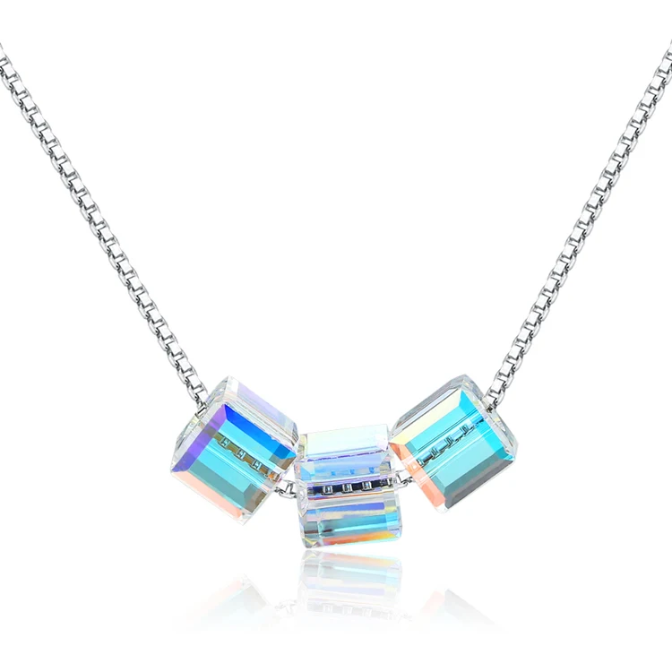 

ELBLUVF 925 Sterling Silver Chain AAA Austria Crystal Three Cube Women Necklace