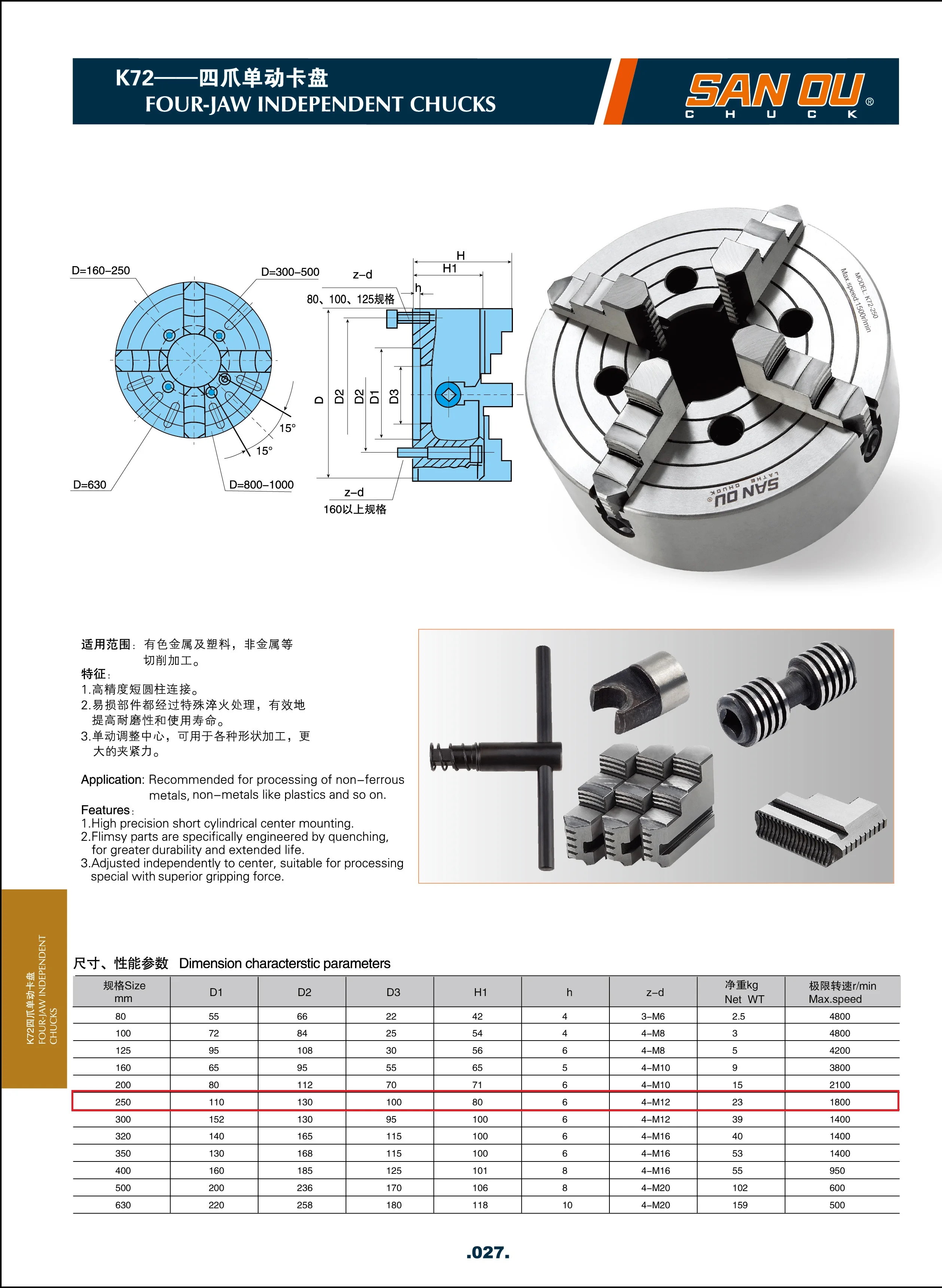 Lathe Chuck 250mm Sanou Brand 4 Jaw Independent Chuck K72-250 For ...