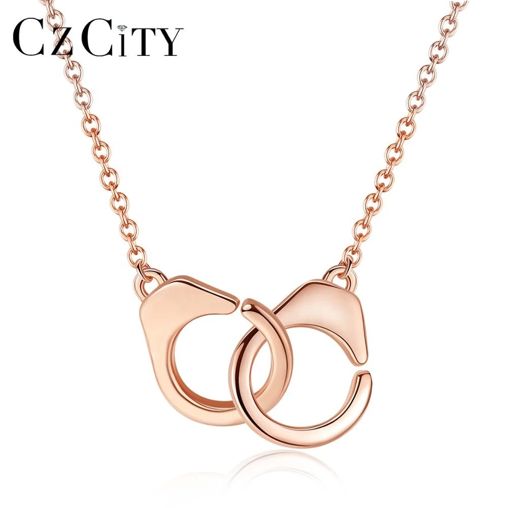 

CZCITY Unique Design Rose Gold Plated Handcuffs Shaped Pendant Necklaces 925 Sterling Silver Jewelry for Girls