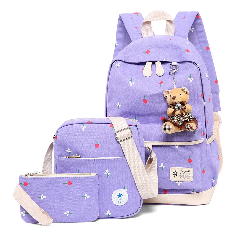 

Fashion Three-piece Set Female Printed Student School Bags Pencil Case Cotton Canvas Laptop Women Backpack, As the picture display