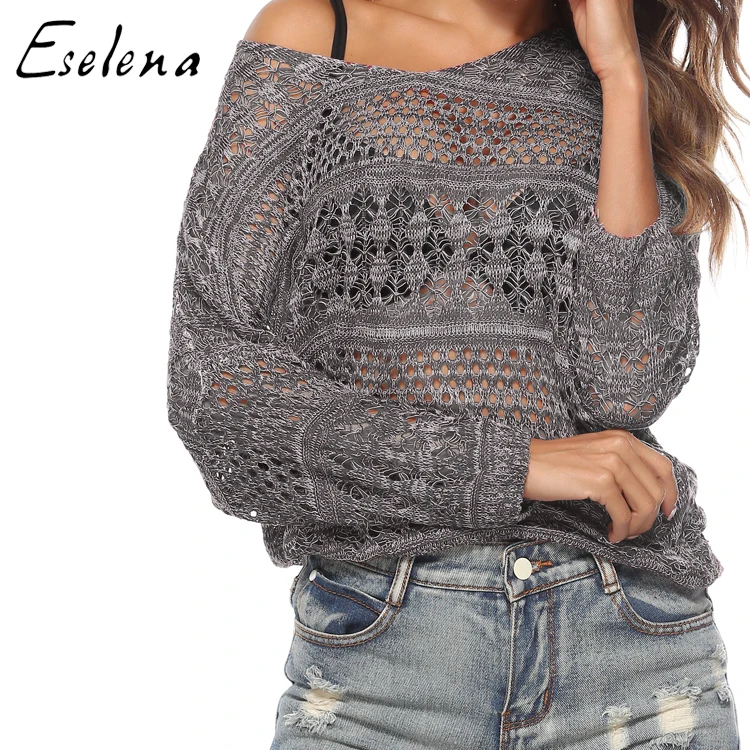 

Sweater factory wholesale OEM custom European and American women's sexy loose hollow out tulle circular neck pullover