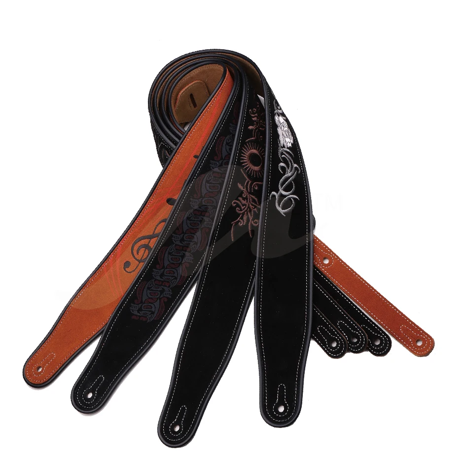 Custom Fancy Brown And White Embroidered Pattern Leather Guitar Strap