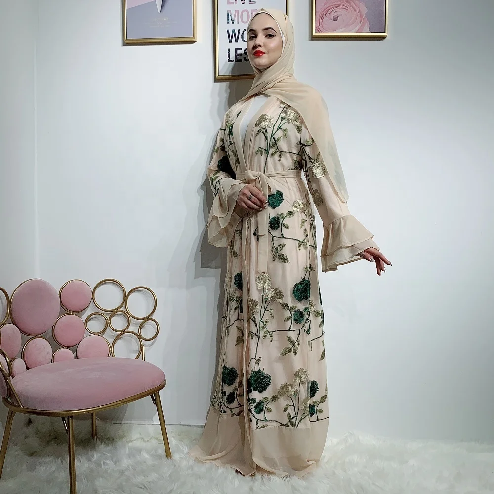 

2019 Beautiful bell sleeves abaya muslim dresses flower embroidery dubai abaya for women, Green;wine red