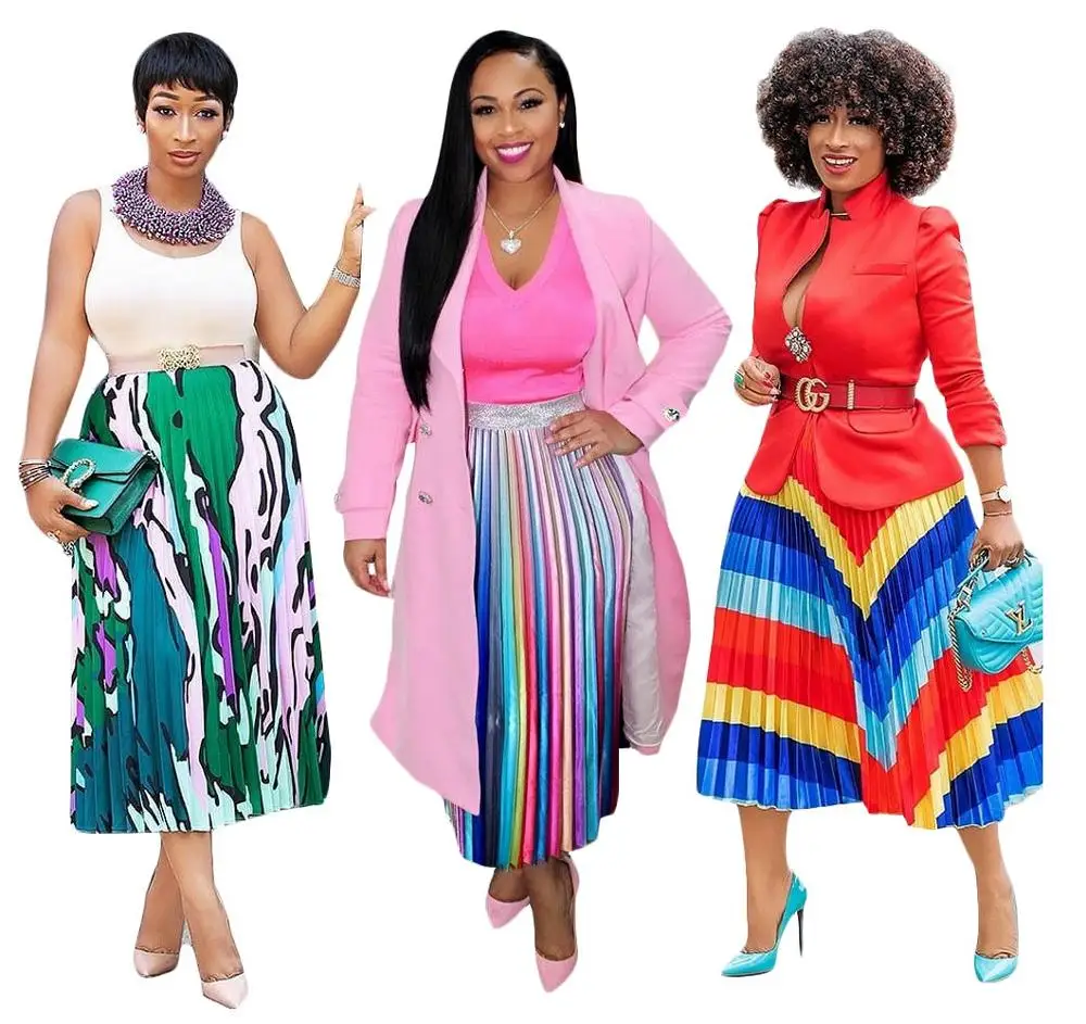 2019 trendy SA3524 fashion printed midi women lady pleated skirt