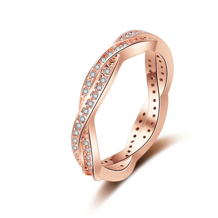 

18K Rose Gold Plated Twist Cubic Zircon Ring Pave Setting Cubic Zircon Diamond Engagement Ring, Picture