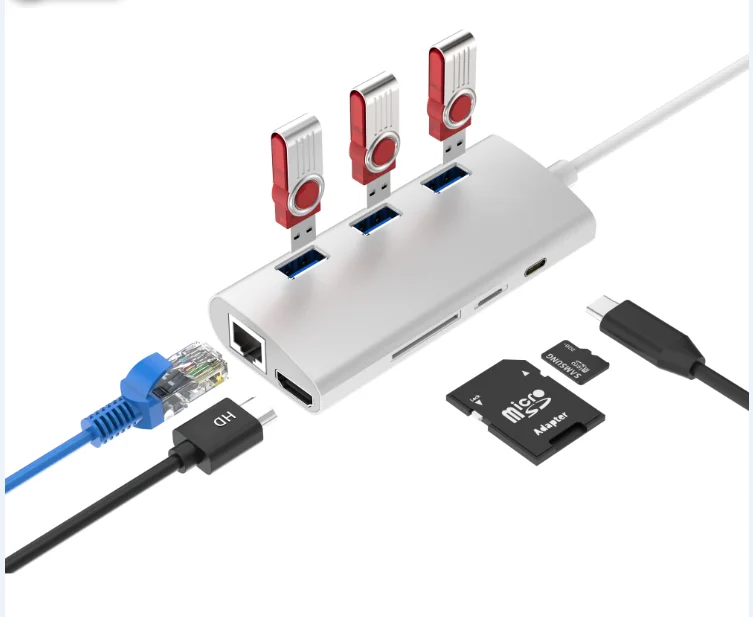 

8 in1 Multifunction Aluminum USB C hub 3.1 TYPE C HUB for USB 3.0 HUB+HDM1+ SD/ TF cardreader+RJ45+type-C all in one combo, N/a