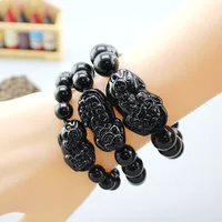 

8MM 10MM 12MM Natural Stone Black Obsidian Bracelet Pixiu Lucky Amulet Charms Buddhism Beads Bracelet Bangle Women Men Jewelry