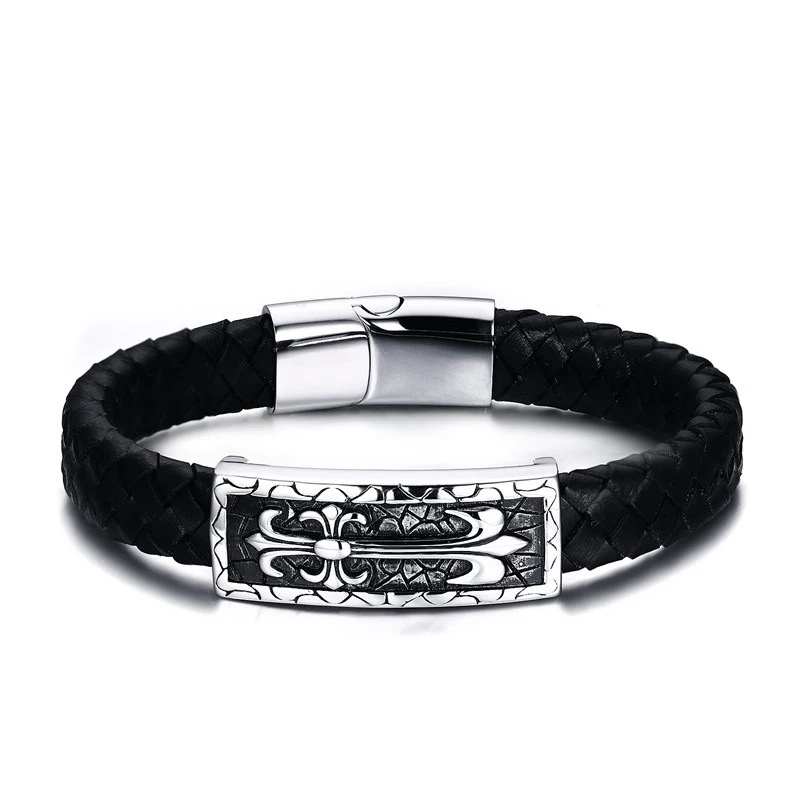 

SJ Delicate Vintage Black Genuine Leather 316 Stainless Steel Jewelry Cross Braided Leather Bracelet