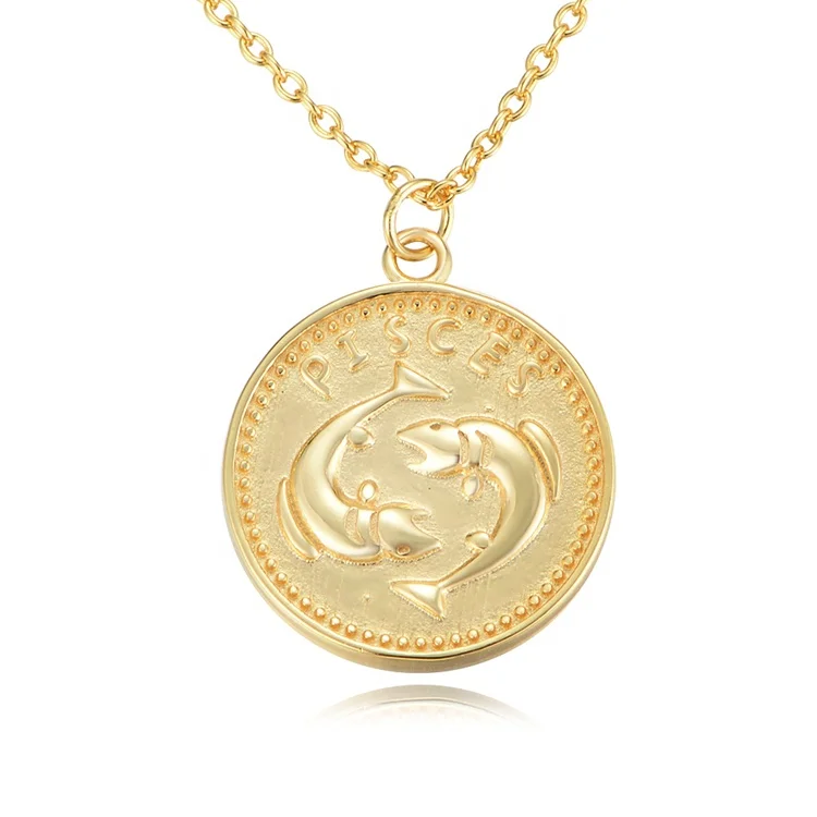 

Best Quality 925 Sterling Silver Argento 12 Zodiac Pisces Coin Shaped Necklace, 14k gold