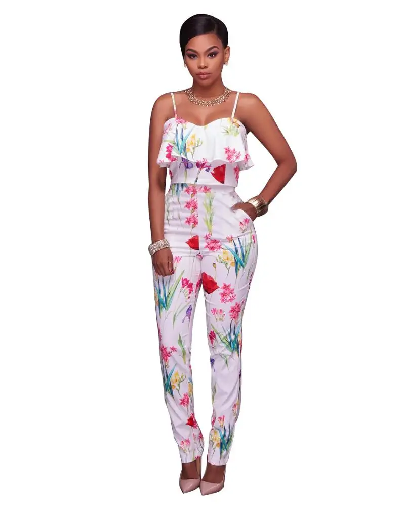 

S8650 Spaghetti Strap crop tops pencil pants floral two piece suit for sexy women, As shown