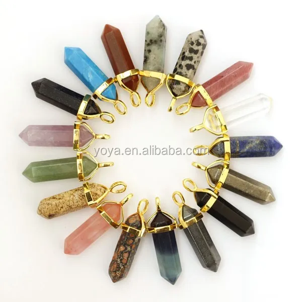 

JF6506 Wholesale gold bail cap gemstone chakra hexagon crystal point pendant,gemstone pencil bullet pendant