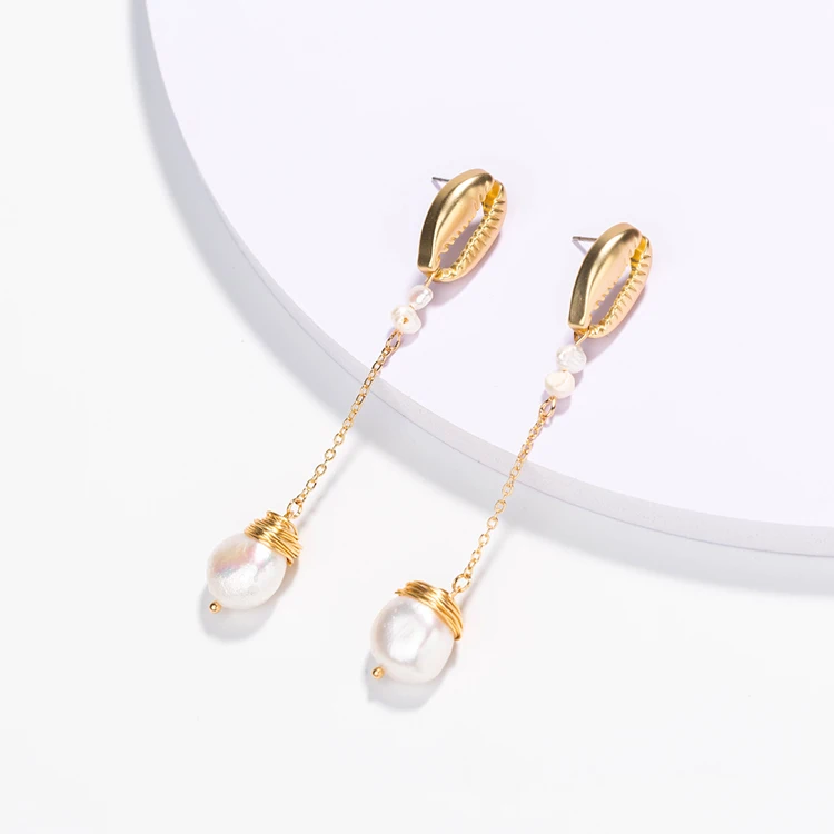 

Bohemian Gold Double Cowrie Shell With Bright Freshwater Pearl Drop Stud Earrings For Women