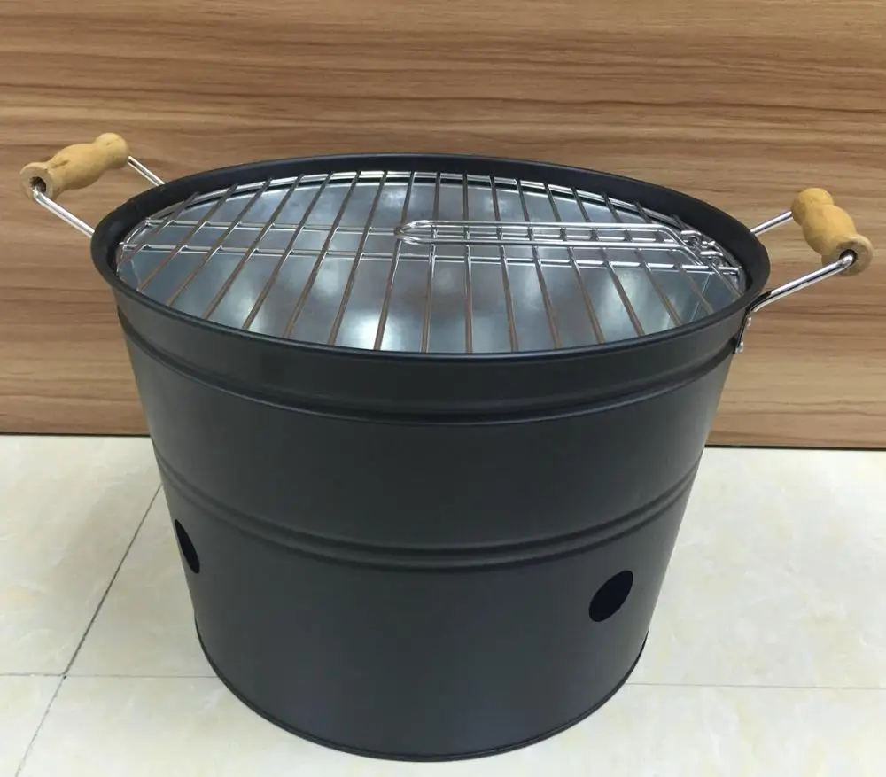 Bamboo Handles Black Charcoal Barbecue Bucket Bbq Grill For Outdoor