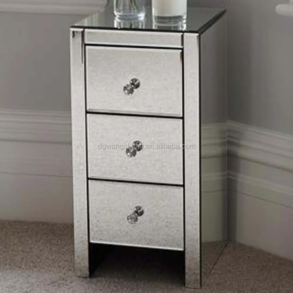 Mordern Bedroom Mirrored Glass Bedside Table With 3 Drawers And