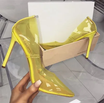 

F10741A Autumn new transparent high heels single shoes for women, Yellow/ blue