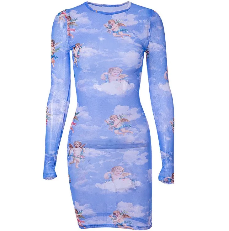 

X87864B women sexy print bodycon dress lady night club clothing, As picture