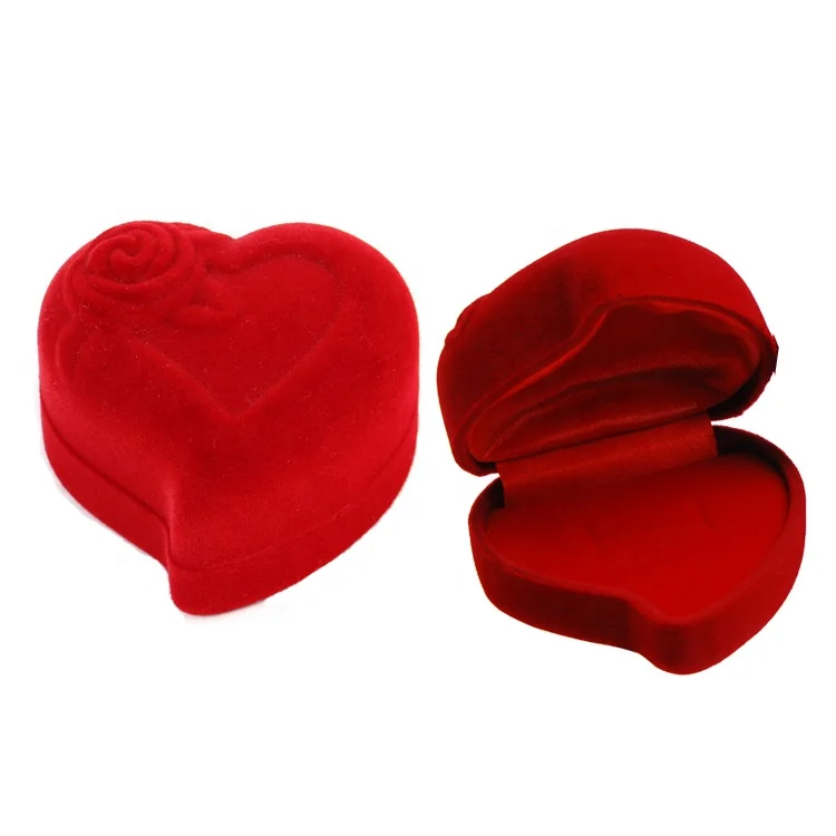 

Plastic Flocking Material Jewellery Box Custom Logo Heart Shape Jewelry Ring Box, Red