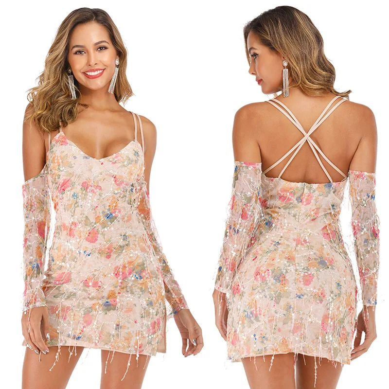 

Hot Selling Fashion Design European and American women's nightclub dress with sling sexy backless tassel sequin dress