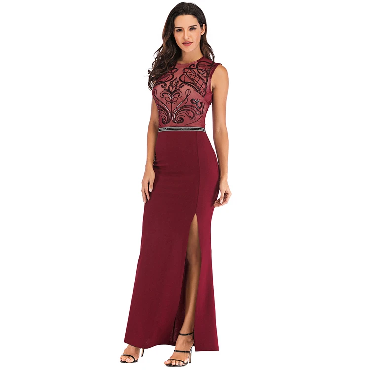

New design dark red side slit girl sexy evening long dress