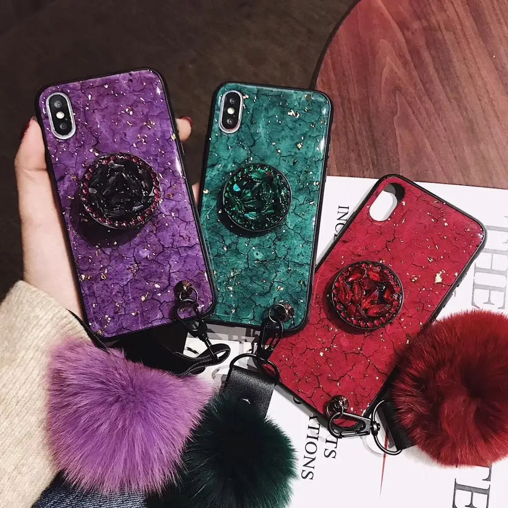 

for iphone 6 6s 7 8 plus X Xs max Xr case Violet Emerald Color Marble Glitter Gold Foil Soft Rhinestone support Hairball lanyard