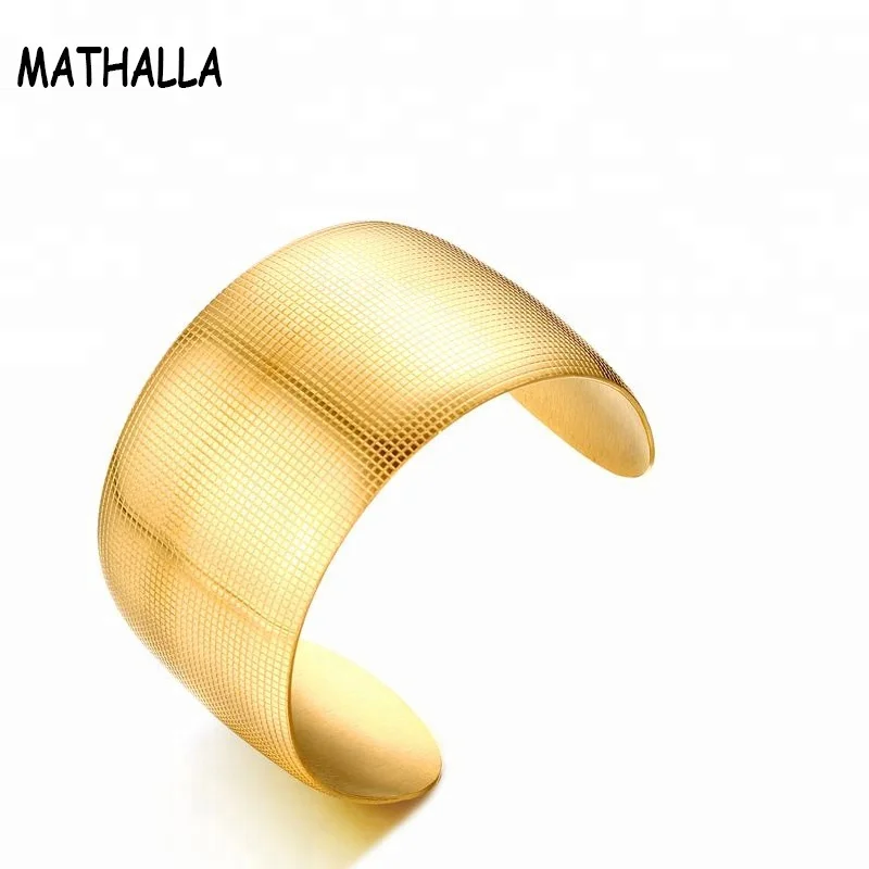 

Latest Hot Sale Gold Plated Wide Stainless Steel Small Lattice Texture Cuff Bracelet Bangle Jewelry For Women