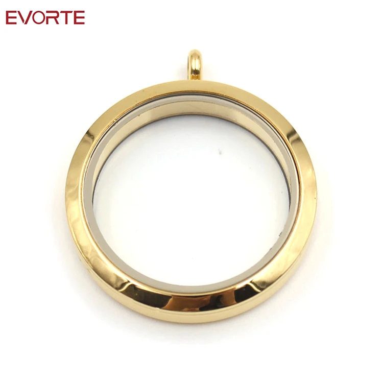 

Stainless Steel Waterproof Screw Round Memory Floating Locket Clear Glass Locket Pendant, Gold