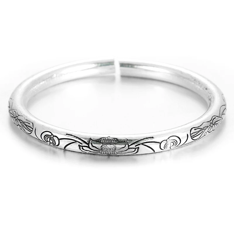 

Female Luxury Brand Silver Jewelry Vintage ethnic style Lotus heart Thai silver bracelet opening Adjustable Bangles, Steel