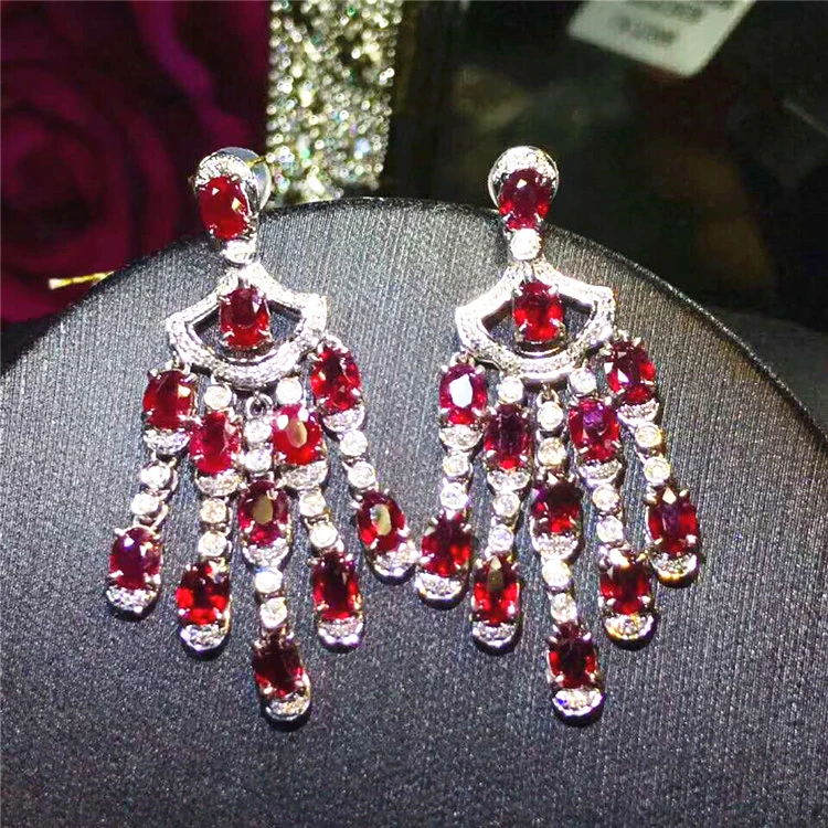 

Christmas party gift SGARIT trendy natural gem stone Jewelry 18k white gold 6ct Tassel real ruby earring jewelry, Red