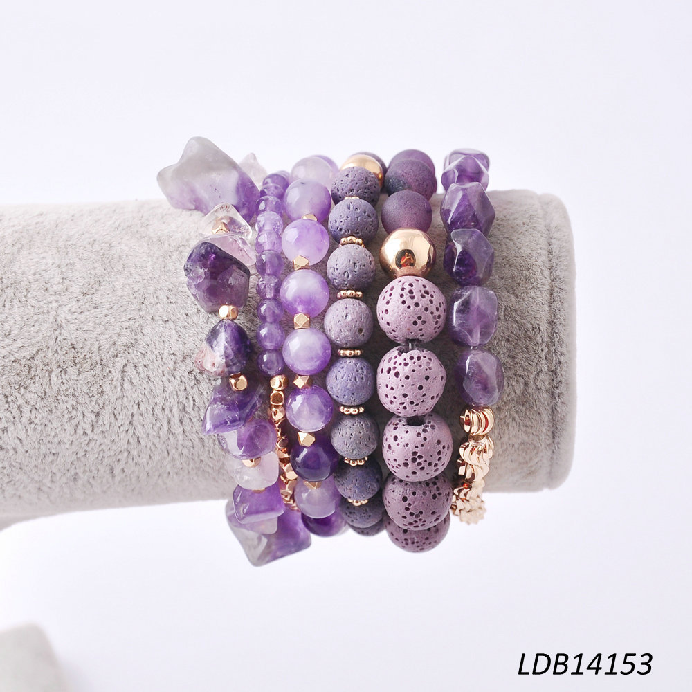 Natural Amethyst Chips Bracelet Set Multistrand Elastic Beaded Layered Purple Lava Bracelet Set