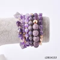 

Natural Amethyst Chips Bracelet Set Multistrand Elastic Beaded Layered Purple Lava Bracelet Set