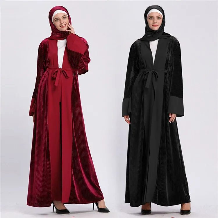 

High Quality Elegant Solid Color Women Velvet Black Open Abaya, Black;wine red