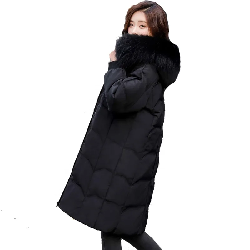 

2019 new fashion trend Long style korean loose thickened heavy hair collar women's genuine down jacket factory wholesale price, Black;pink;ivory white