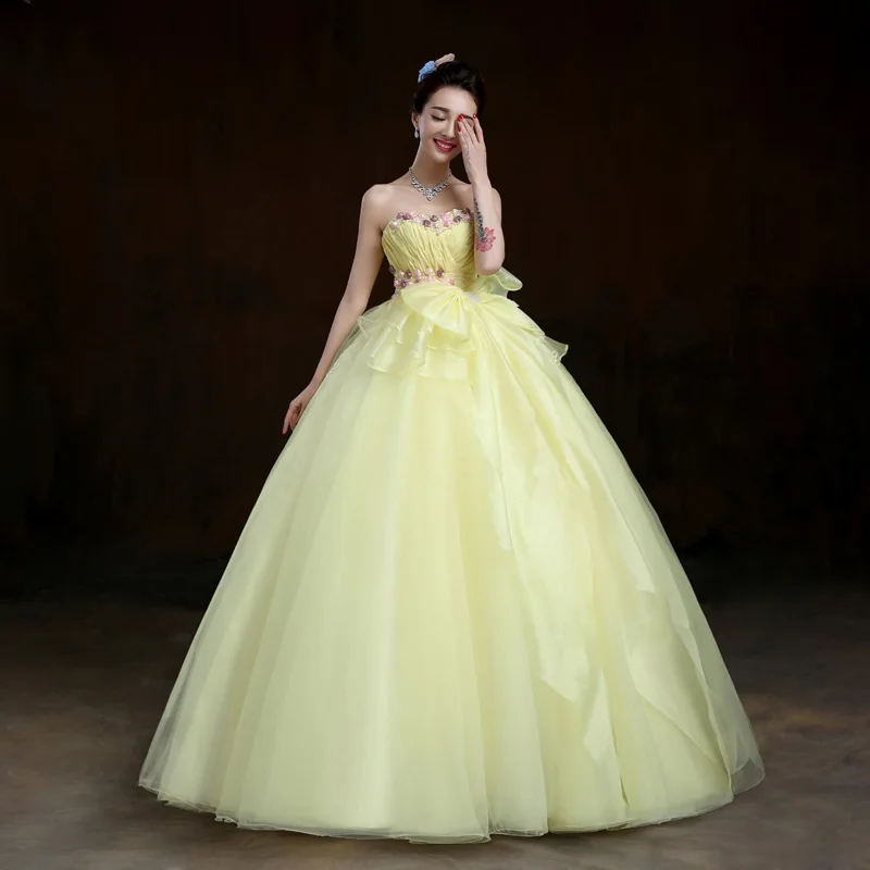 

Hot sell beautiful new style light yellow strapless lace alibaba wedding dresses