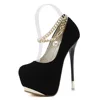 latest design metal chain stage pumps thick platform sole pearl women ankle strap high heels shoes